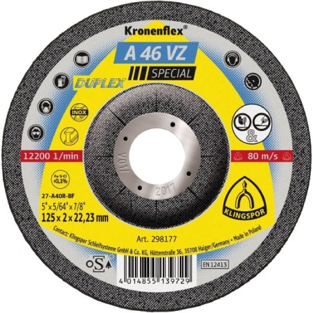 Disque à tronçonner 125 x 2 déporté (A46 VZ duplex) acier-inox