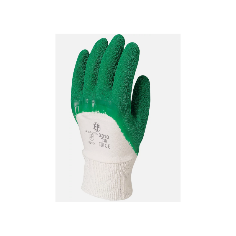 Gant support coton avec enduction 3/4 latex crêpe verte de taille 9 et taille 10